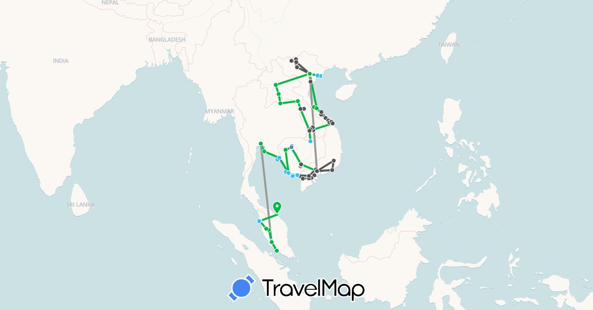 TravelMap itinerary: driving, bus, plane, cycling, train, boat, motorbike in Cambodia, Laos, Malaysia, Thailand, Vietnam (Asia)